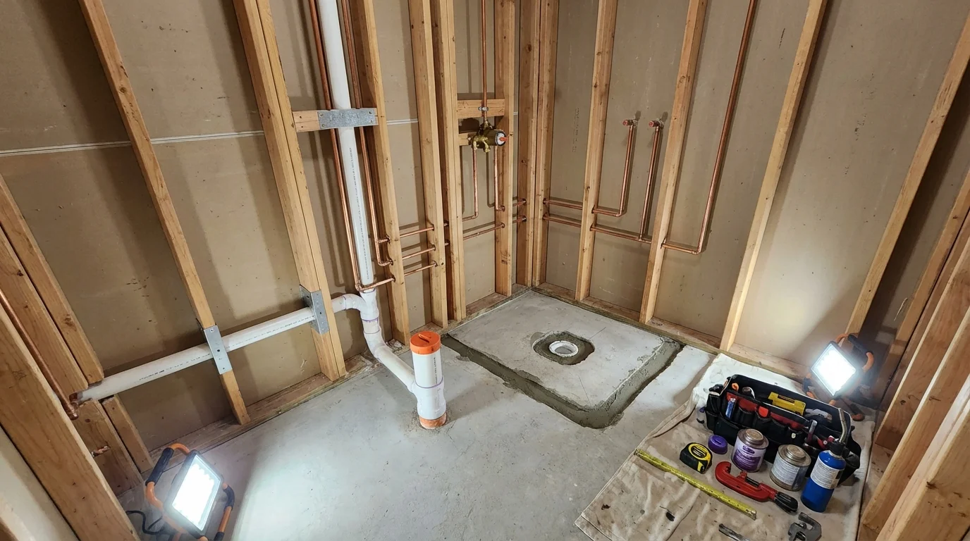 Bathroom rough-in plumbing during remodel by Johns Plumbing LLC in Green Lake