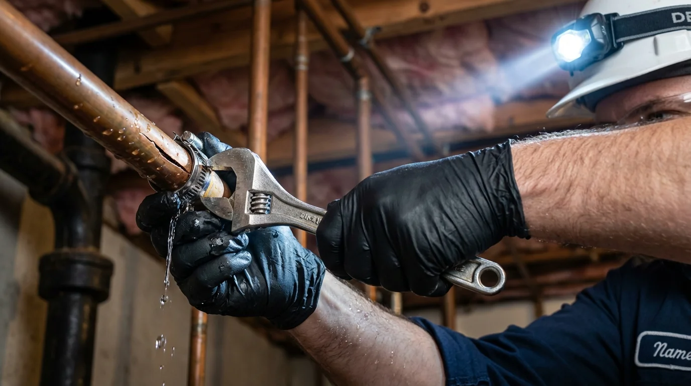 Emergency pipe clamp repair being performed by a Johns Plumbing LLC plumber in Green Lake