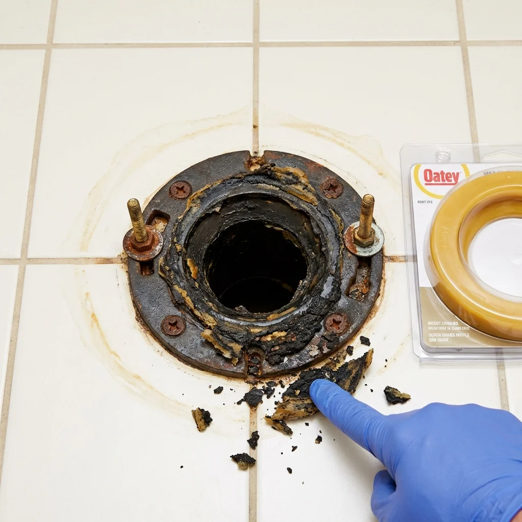 Failed wax ring showing water seepage at the base of a toilet in a Green Lake, WI home