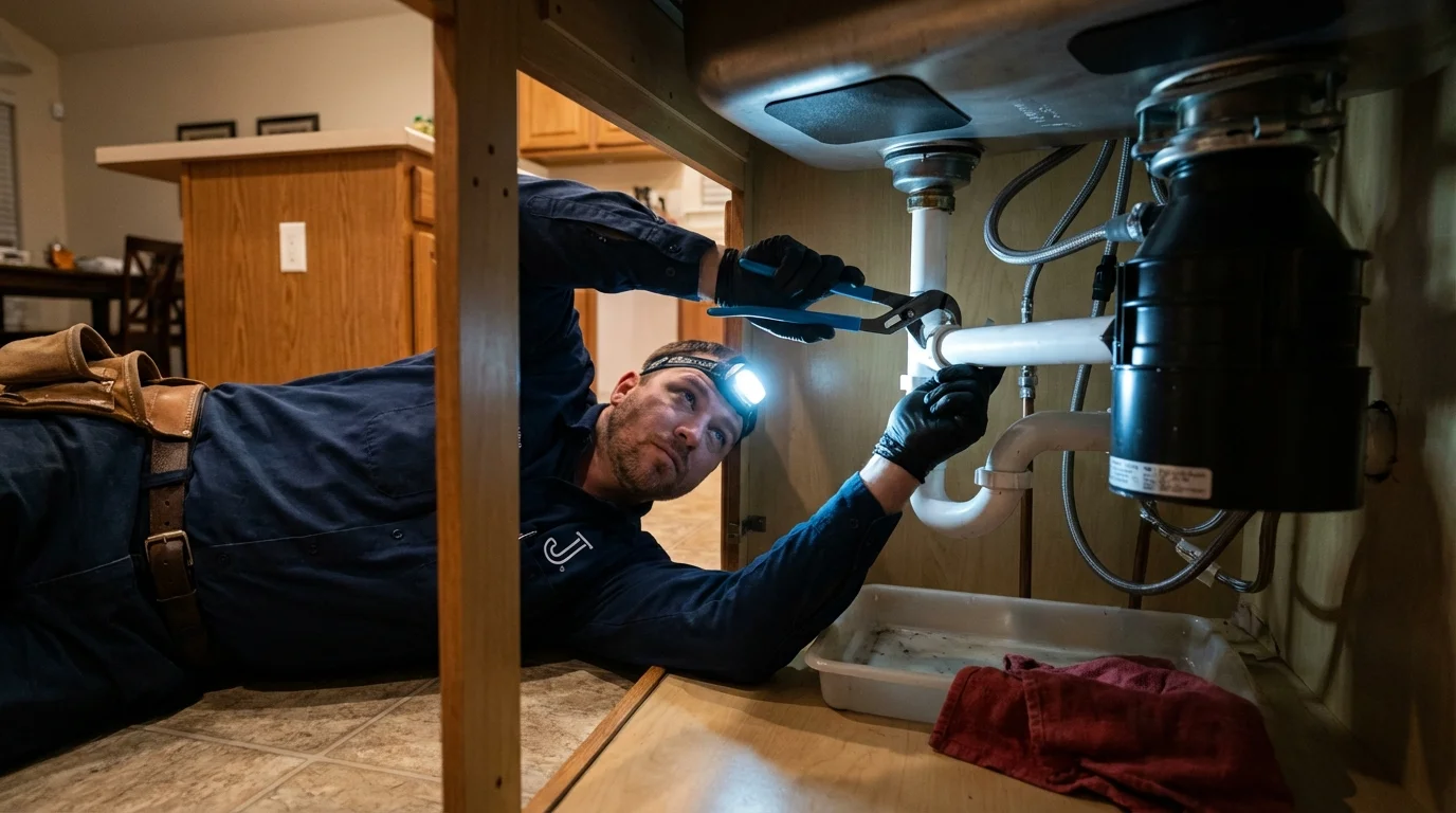 P-trap and supply line connections under a kitchen sink showing a common leak point in Green Lake, WI